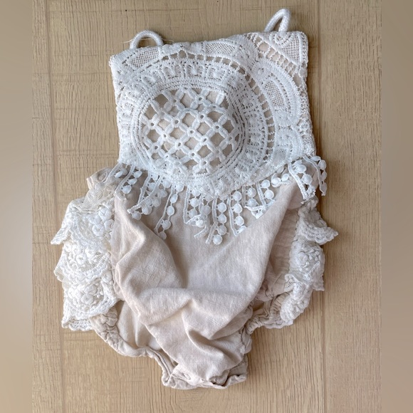 SHEIN One Pieces Shein Beige And Cream Knitted Onesie With Tie Back